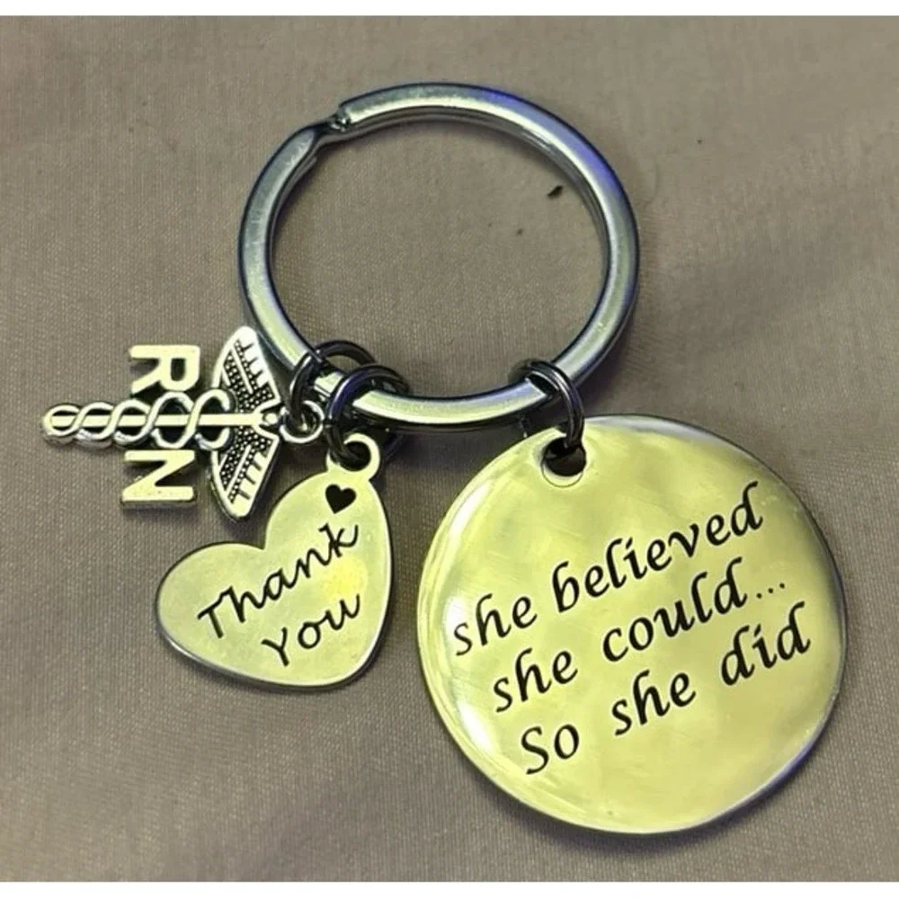 NEW Silver Nurse/RN Thank You Keychain w/‎ Charms - She Believed She Could